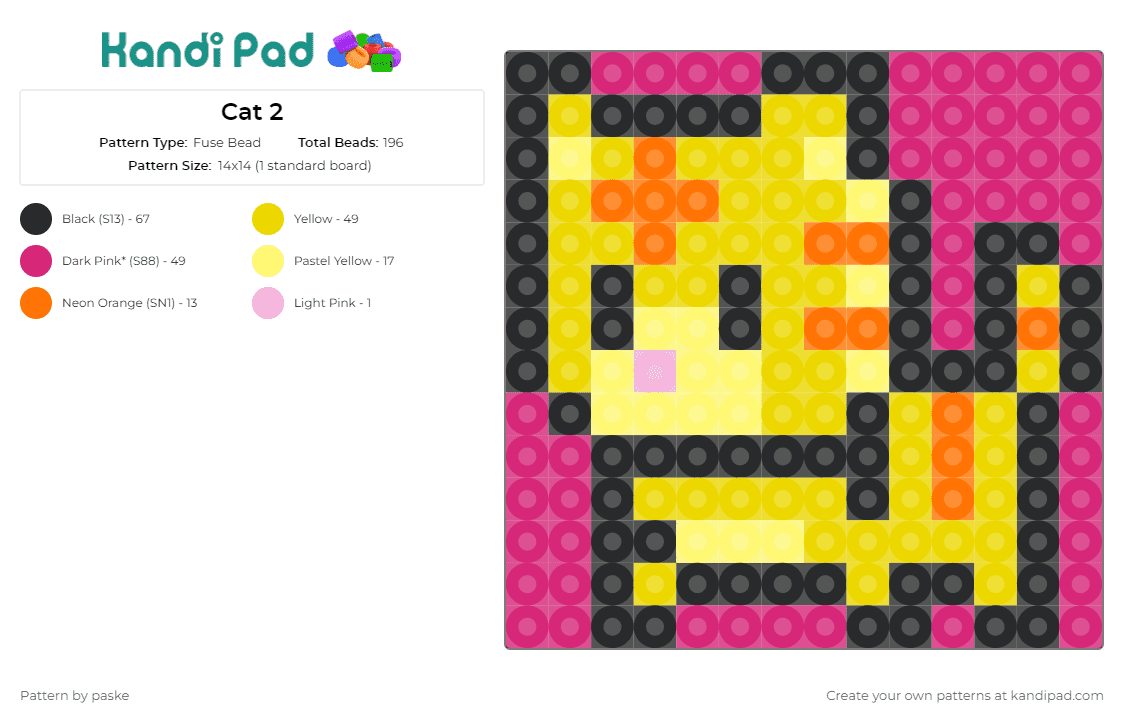 Cat 2 - Fuse Bead Pattern by paske on Kandi Pad - cat,kitten,playful,whiskered companion,pet-inspired,animal charm,whimsical,fun-loving