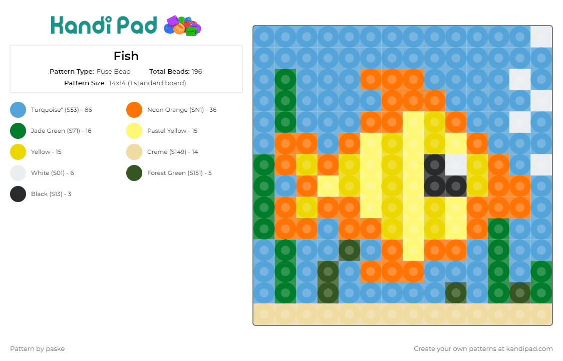 Fish - Fuse Bead Pattern by paske on Kandi Pad - fish,goldfish,aquatic,charm,bubbles,underwater,plants,yellow