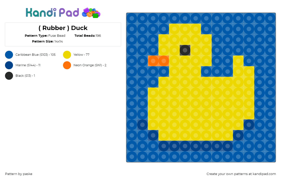 ( Rubber ) Duck - Fuse Bead Pattern by paske on Kandi Pad - rubber ducky,duck,bath,animal,bathtub toy,children's decor,playful,nursery,yello