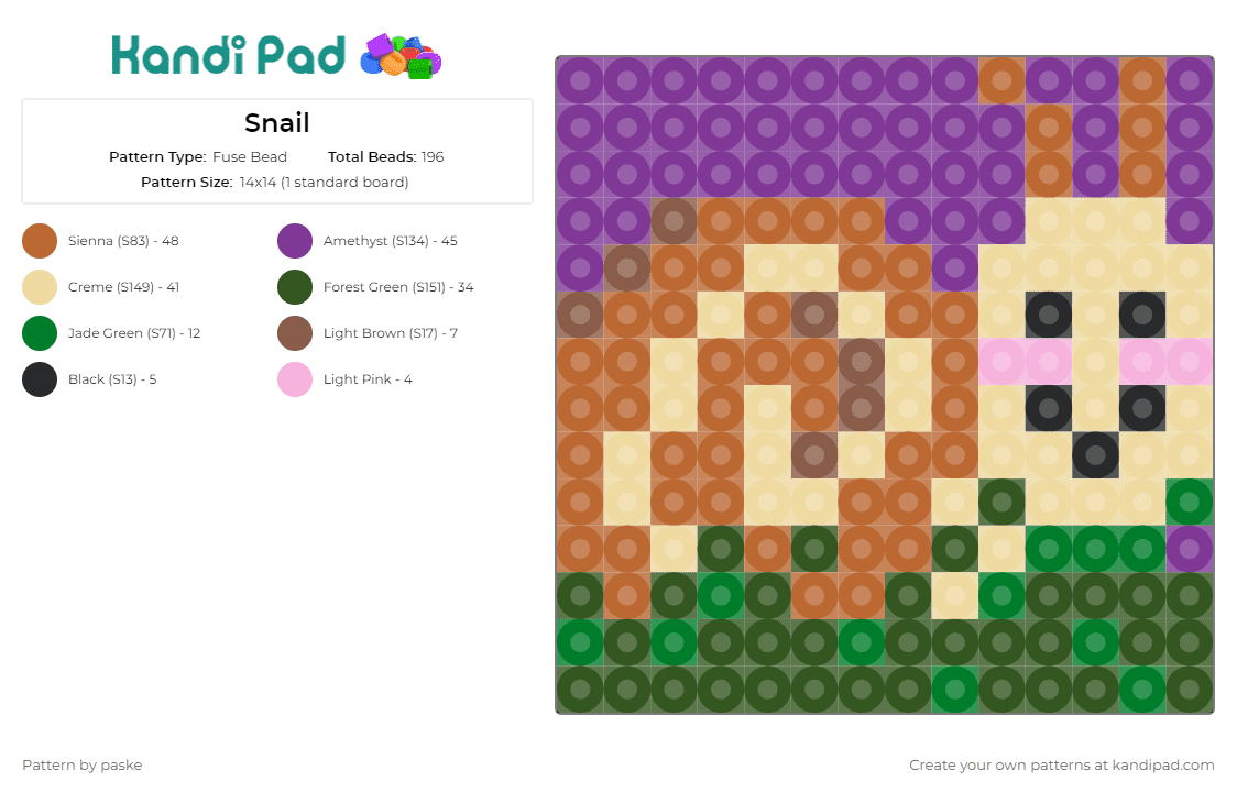Snail - Fuse Bead Pattern by paske on Kandi Pad - snail,whimsical,playful,charm,animal,purple