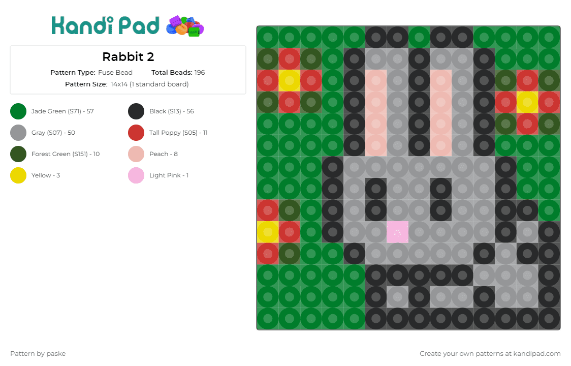 Rabbit 2 - Fuse Bead Pattern by paske on Kandi Pad - rabbit,bunny,animal,nature,ears,cute,playful,fauna,green,grey
