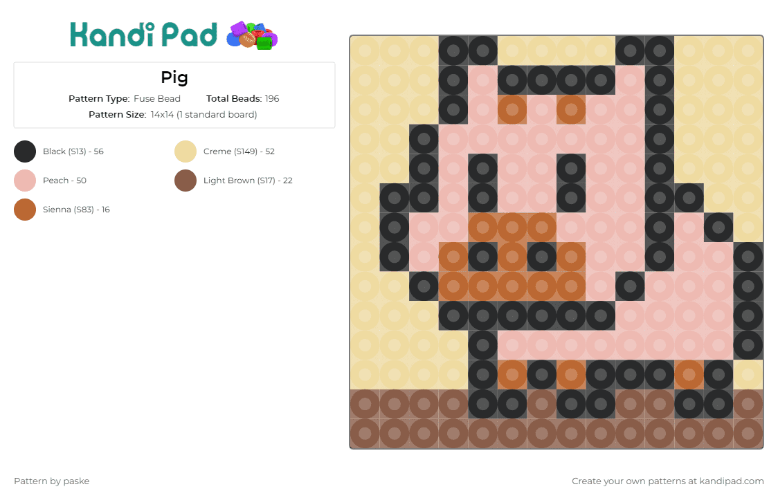 Pig - Fuse Bead Pattern by paske on Kandi Pad - pig,hog,animal,farm,countryside,barnyard,children's decor,playful,pink,brown