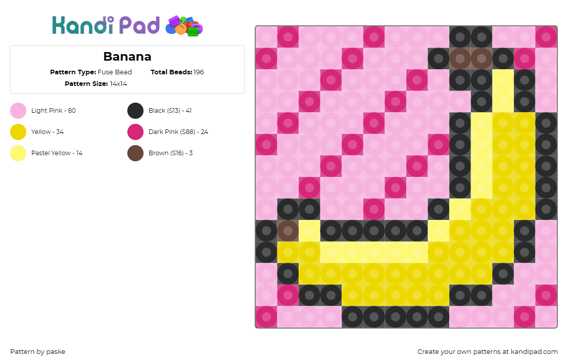 Banana - Fuse Bead Pattern by paske on Kandi Pad - banana,fruit,food,tropical,yellow,pink,snack,fresh