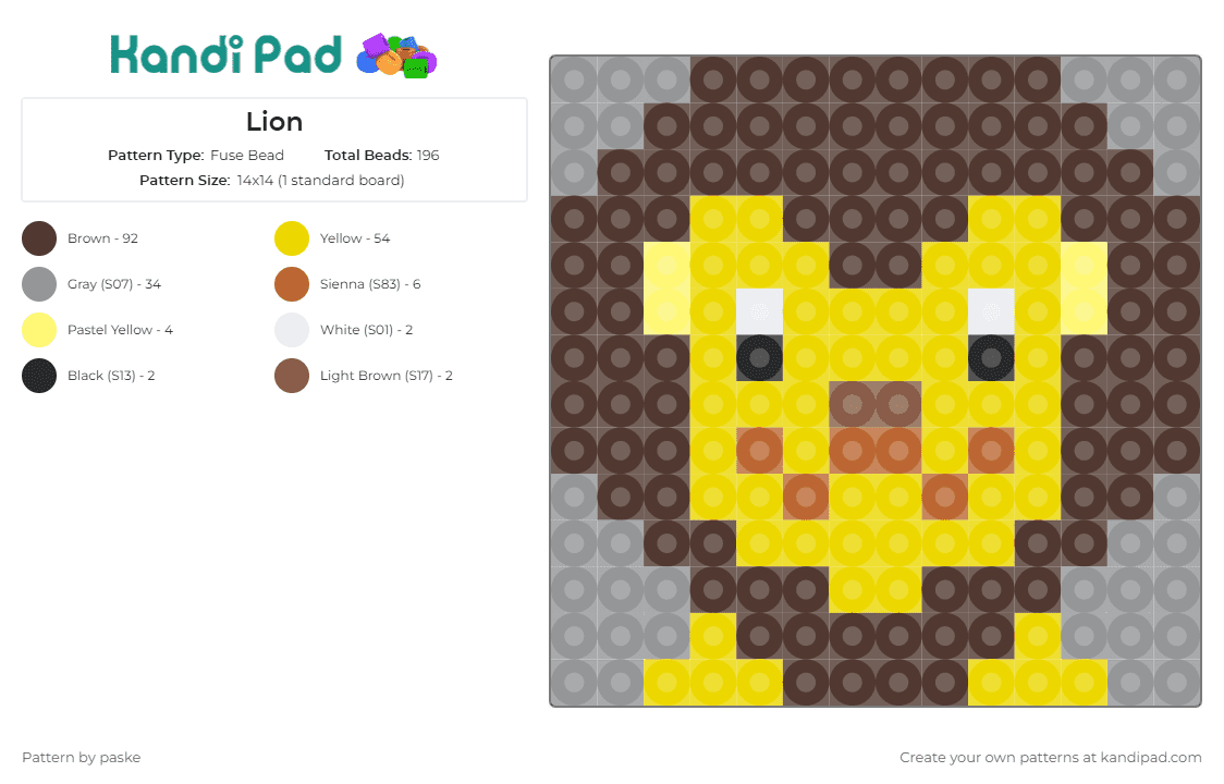 Lion - Fuse Bead Pattern by paske on Kandi Pad - lion,big cat,animal,bold,fearless,king of the jungle,yellow