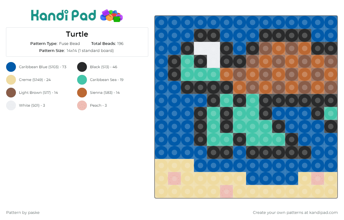Turtle - Fuse Bead Pattern by paske on Kandi Pad - turtle,underwater,endearing,serene,aquatic,tribute,blue