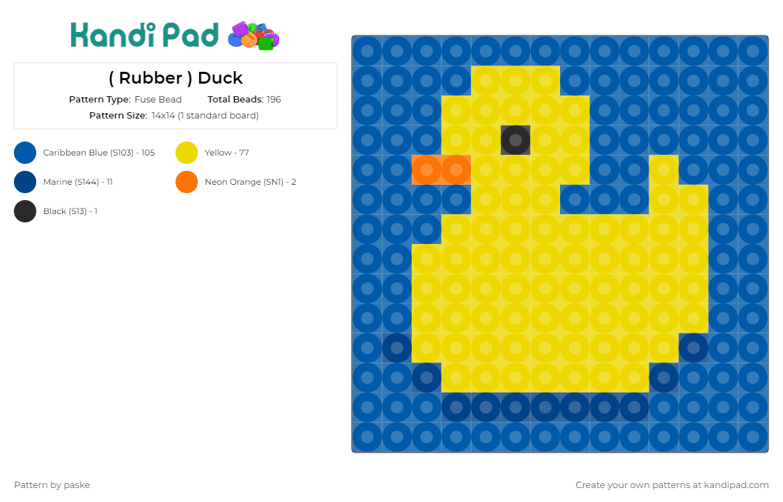 ( Rubber ) Duck - Fuse Bead Pattern by paske on Kandi Pad - rubber ducky,duck,bath,animal,bathtub toy,children's decor,playful,nursery,yellow,blue