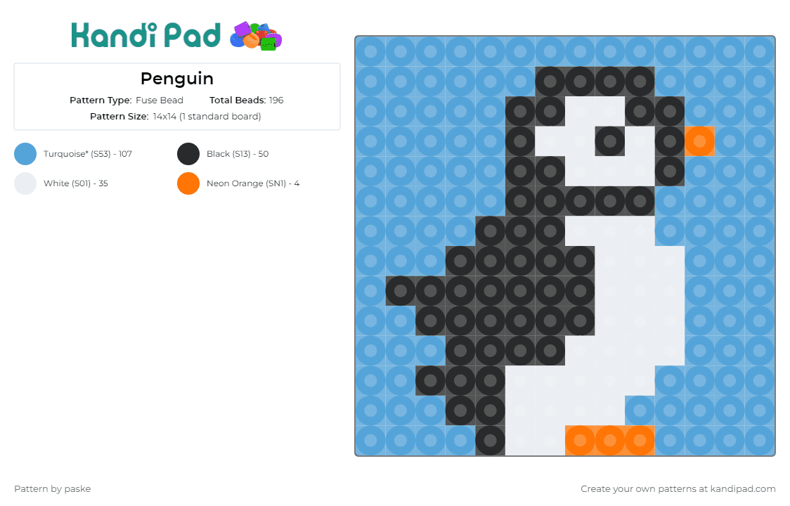 Penguin - Fuse Bead Pattern by paske on Kandi Pad - penguin,bird,cute,wildlife,arctic,character,children's decor,playful,white