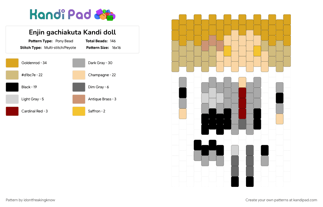 Enjin gachiakuta Kandi doll - Pony Bead Pattern by idontfreakingknow on Kandi Pad - anime, beige, character, doll, enjin, gachiakuta, kandi, orange, yellow