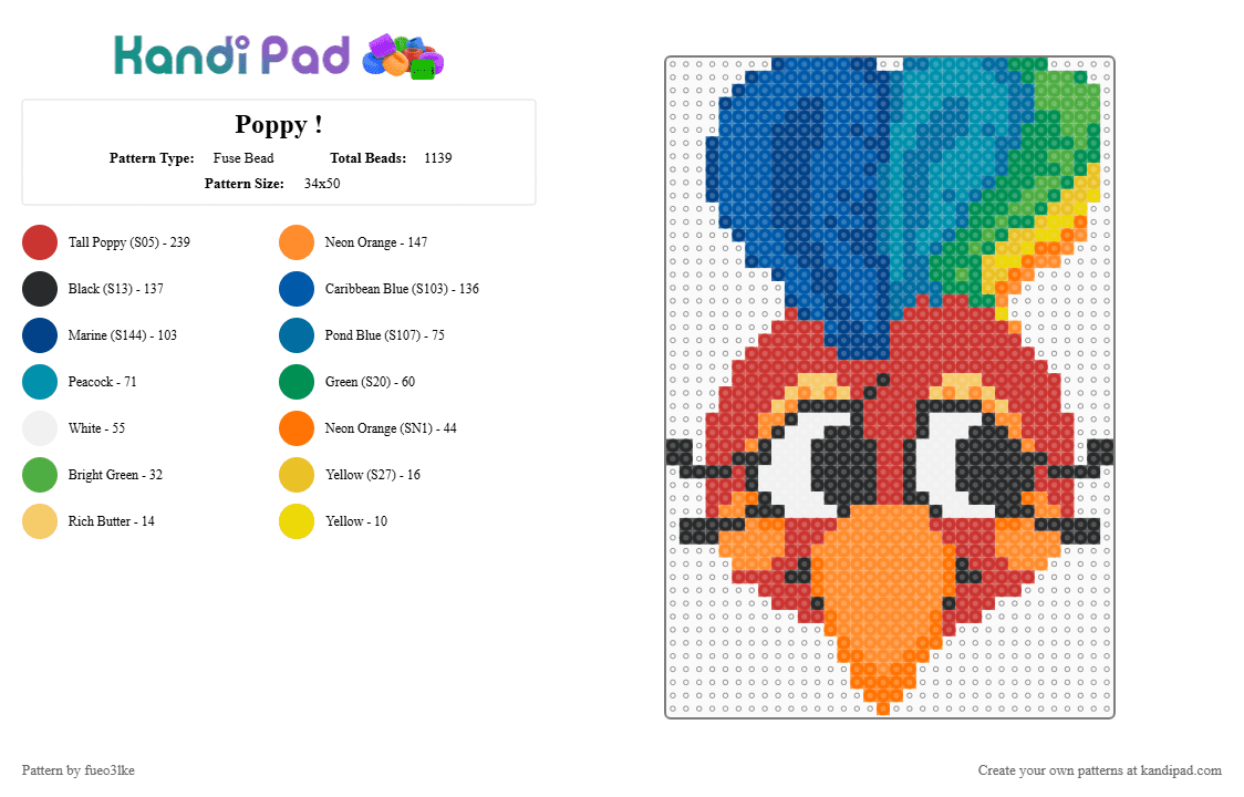 Poppy ! - Fuse Bead Pattern by fueo3lke on Kandi Pad - arg, blue, orange, poppy, poppy partridge, red, restoration project, welcome home, welcome home poppy, whrp
