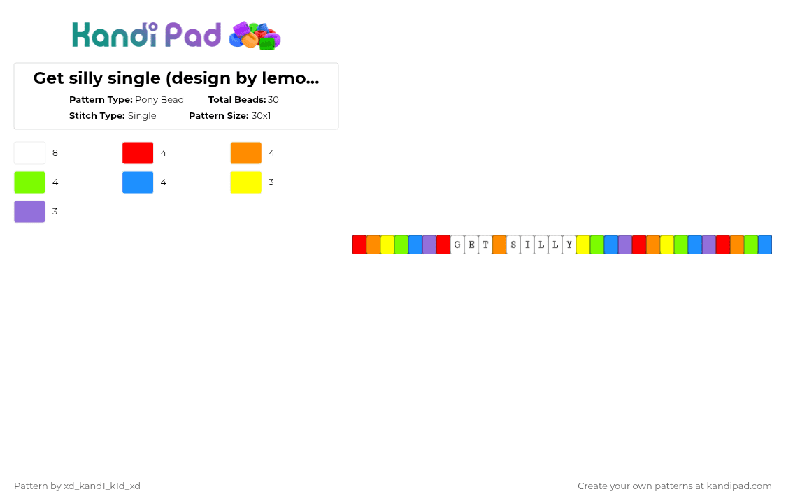 Get silly single (design by lemon_boy I just made it 30 beads) - Pony Bead Pattern by xd_kand1_k1d_xd on Kandi Pad - green, light blue, orange, red