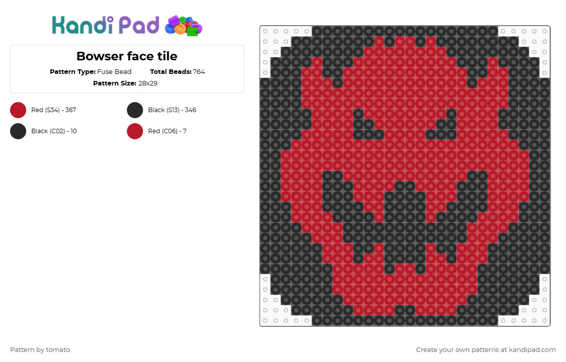 Bowser face tile - Fuse Bead Pattern by tomato on Kandi Pad - black,red,bowser,mario,coaster,nintendo