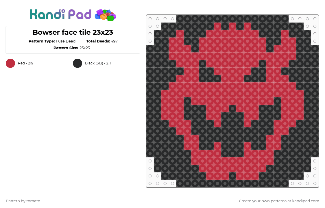 Bowser face tile 23x23 - Fuse Bead Pattern by tomato on Kandi Pad - black, bowser, coaster, mario, red