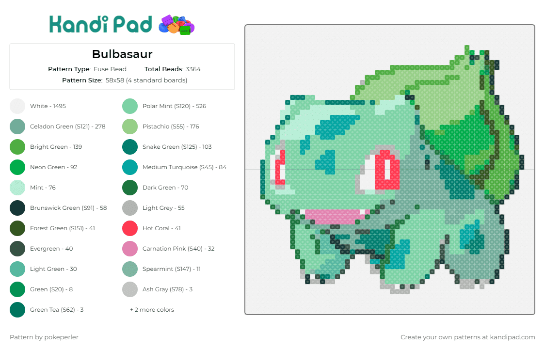 Bulbasaur - Fuse Bead Pattern by pokeperler on Kandi Pad - bulbasaur,pokemon,video game,green,creature,gaming,nostalgia,light green