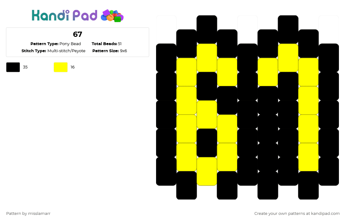 67 - Pony Bead Pattern by misslamarr on Kandi Pad - black,yellow,67,meme,6 7