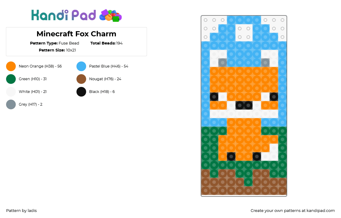 Minecraft Fox Charm - Fuse Bead Pattern by ladis on Kandi Pad - fox,minecraft,animal,doorhanger,charm,cute,video game,orange,light blue,green