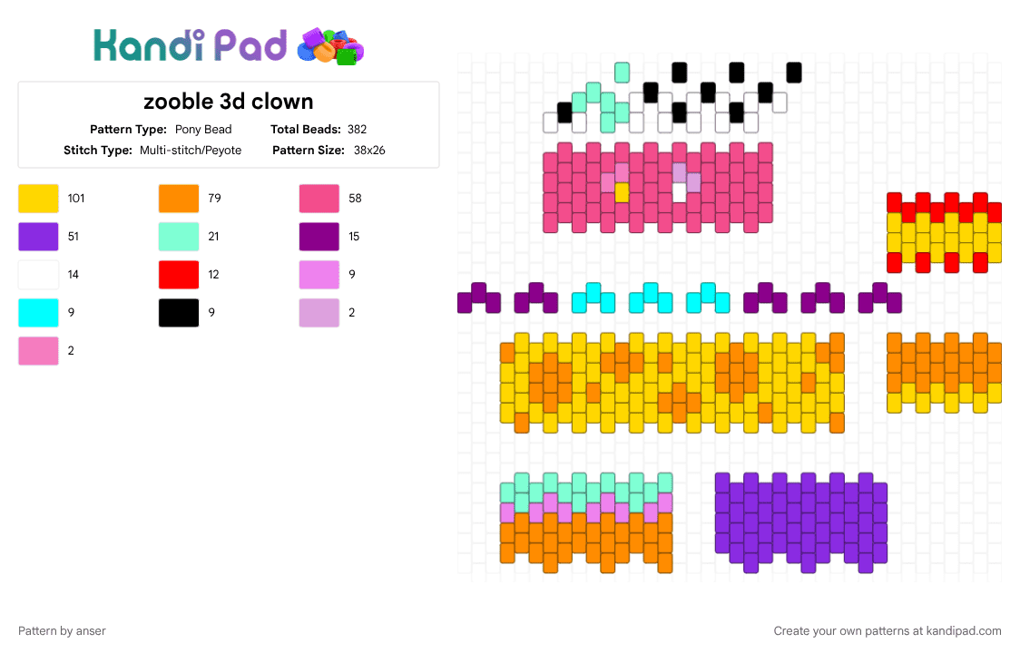 zooble 3d clown - Pony Bead Pattern by anser on Kandi Pad - pink,yellow,orange,purple