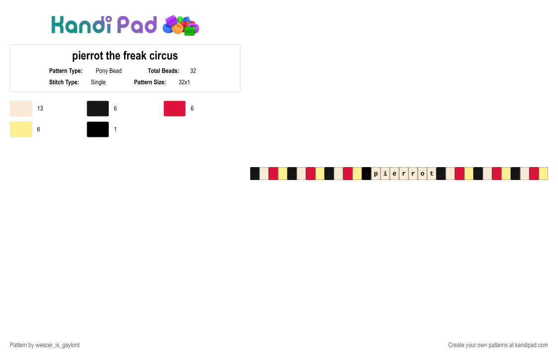 pierrot the freak circus - Pony Bead Pattern by t1ck3t_t4k3r on Kandi Pad - red,yellow