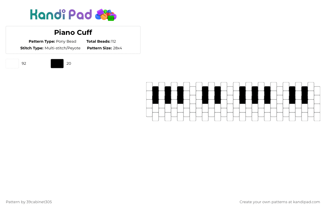 Piano Cuff - Pony Bead Pattern by 39cabinet305 on Kandi Pad - black and white, music, piano, white