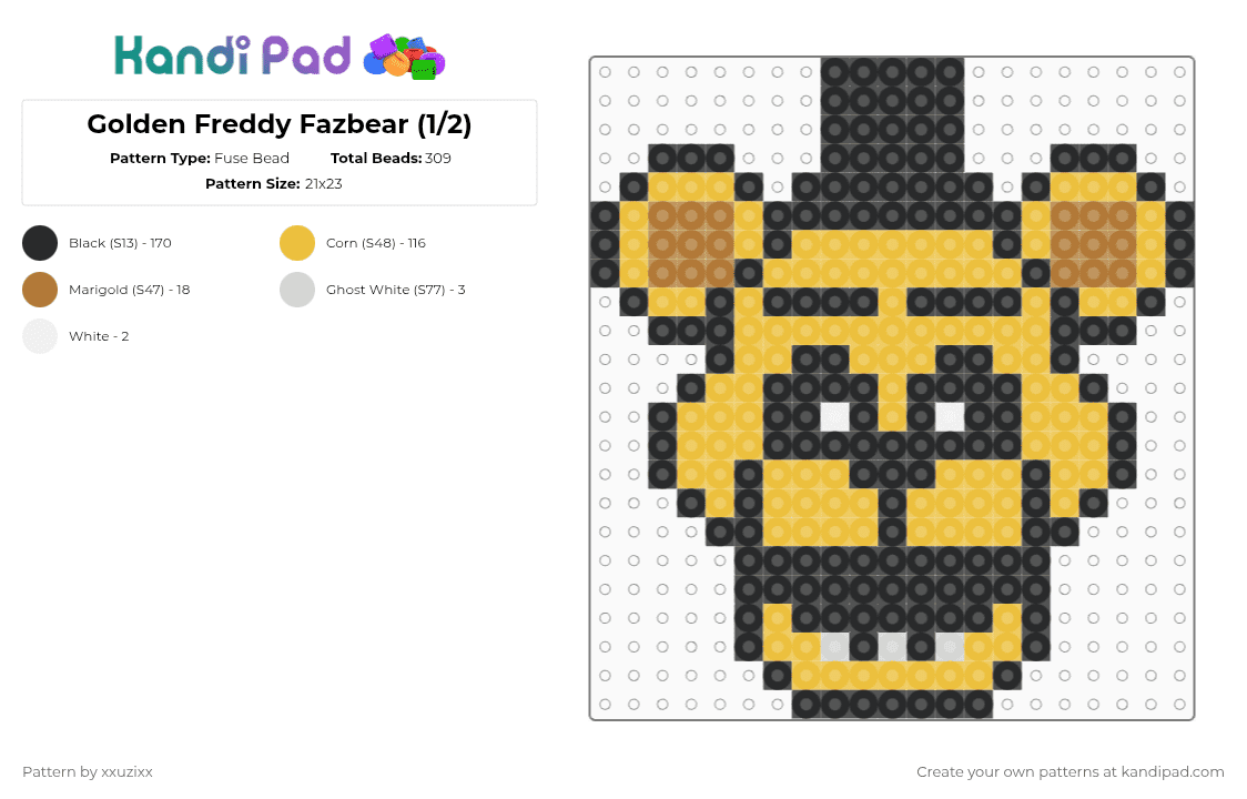 Golden Freddy (1/2) - Fuse Bead Pattern by xxuzixx on Kandi Pad - black,yellow,fnaf,five nights at freddys,horror,game,horror game