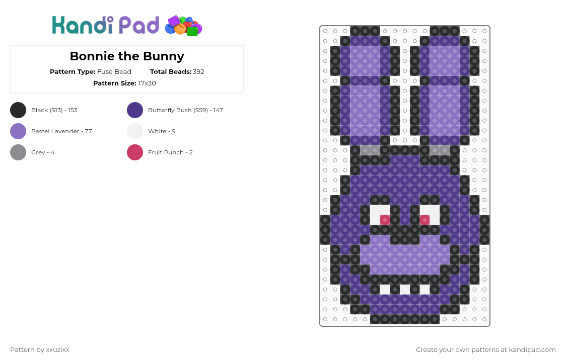 Bonnie the Bunny - Fuse Bead Pattern by xxuzixx on Kandi Pad - purple,blue,fnaf,five nights at freddys,horror,game,horror game