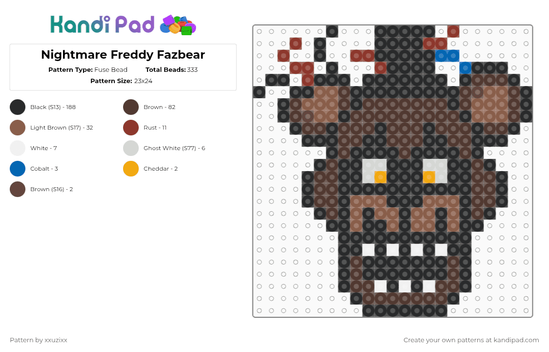 Nightmare Freddy - Fuse Bead Pattern by xxuzixx on Kandi Pad - black,brown,tan,fnaf,five nights at freddys,horror,game,horror game