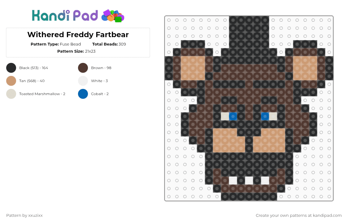 Withered Freddy - Fuse Bead Pattern by xxuzixx on Kandi Pad - black,brown,fnaf,five nights at freddys,horror,game,horror game