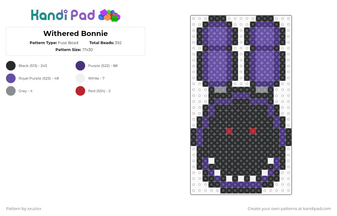 Withered Bonnie - Fuse Bead Pattern by xxuzixx on Kandi Pad - black,purple,fnaf,five nights at freddys,horror,game,horror game