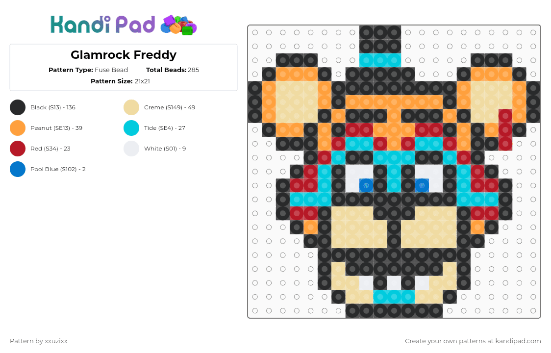 Glamrock Freddy - Fuse Bead Pattern by xxuzixx on Kandi Pad - black,orange,light blue,beige,fnaf,five nights at freddys,horror,game,horror game