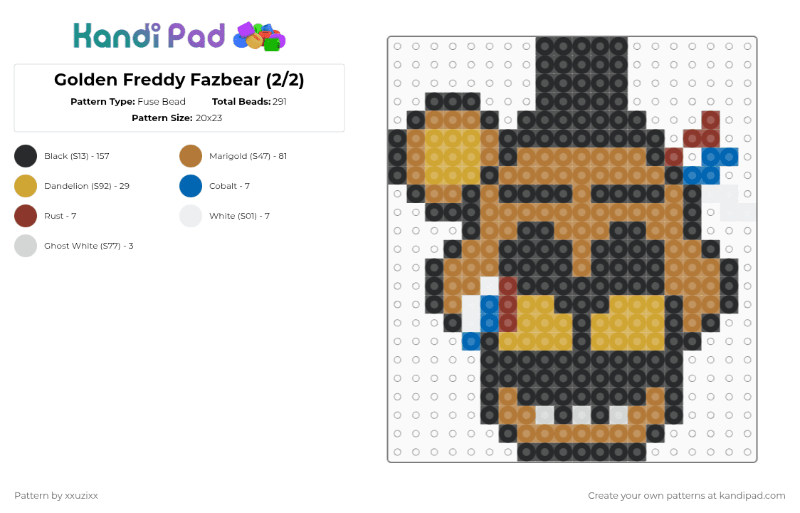 Golden Freddy (2/2) - Fuse Bead Pattern by xxuzixx on Kandi Pad - black,tan,fnaf,five nights at freddys,horror,game,horror game