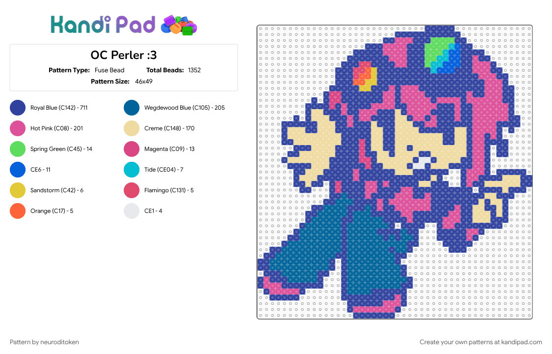 OC Perler :3 - Fuse Bead Pattern by neuroditoken on Kandi Pad - beige, blue, oc, perler, perler charm, pink, purple