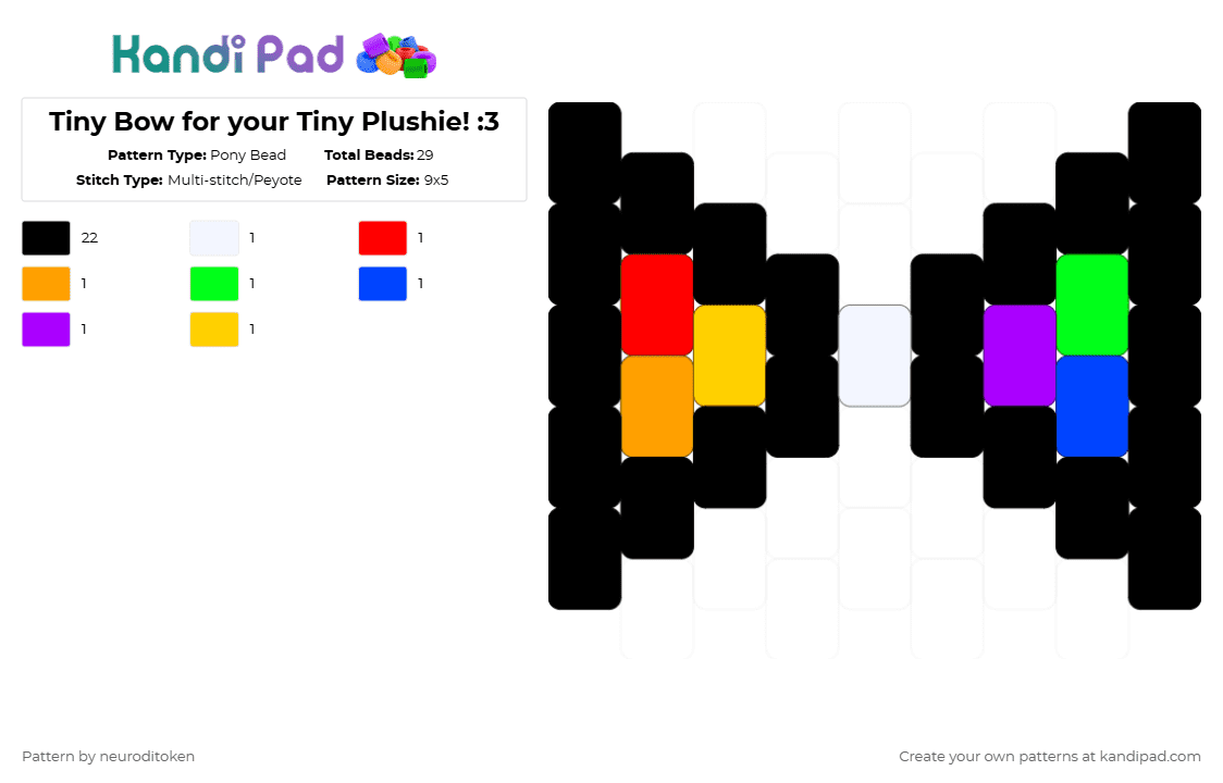 Tiny Bow for your Tiny Plushie! :3 - Pony Bead Pattern by neuroditoken on Kandi Pad - black,orange,blue,yellow,colorful,bow,accesories,for plush,bunnylulu