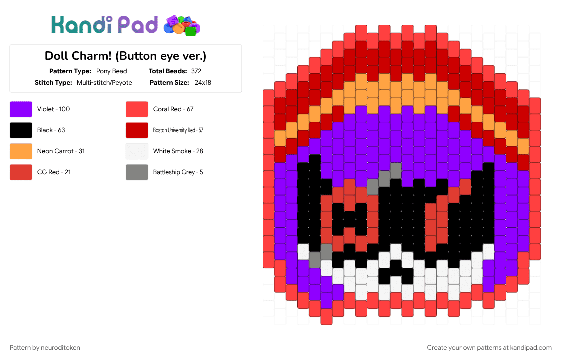 Doll Charm! (Button eye ver.) - Pony Bead Pattern by neuroditoken on Kandi Pad - character, charm, doll, murder drones, murder drones doll, pony bead charm, purple, red