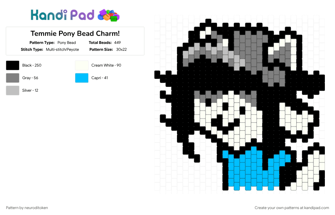 Temmie Pony Bead Charm! - Pony Bead Pattern by neuroditoken on Kandi Pad - black, charm, deltarune, gray, light blue, temmie, undertale