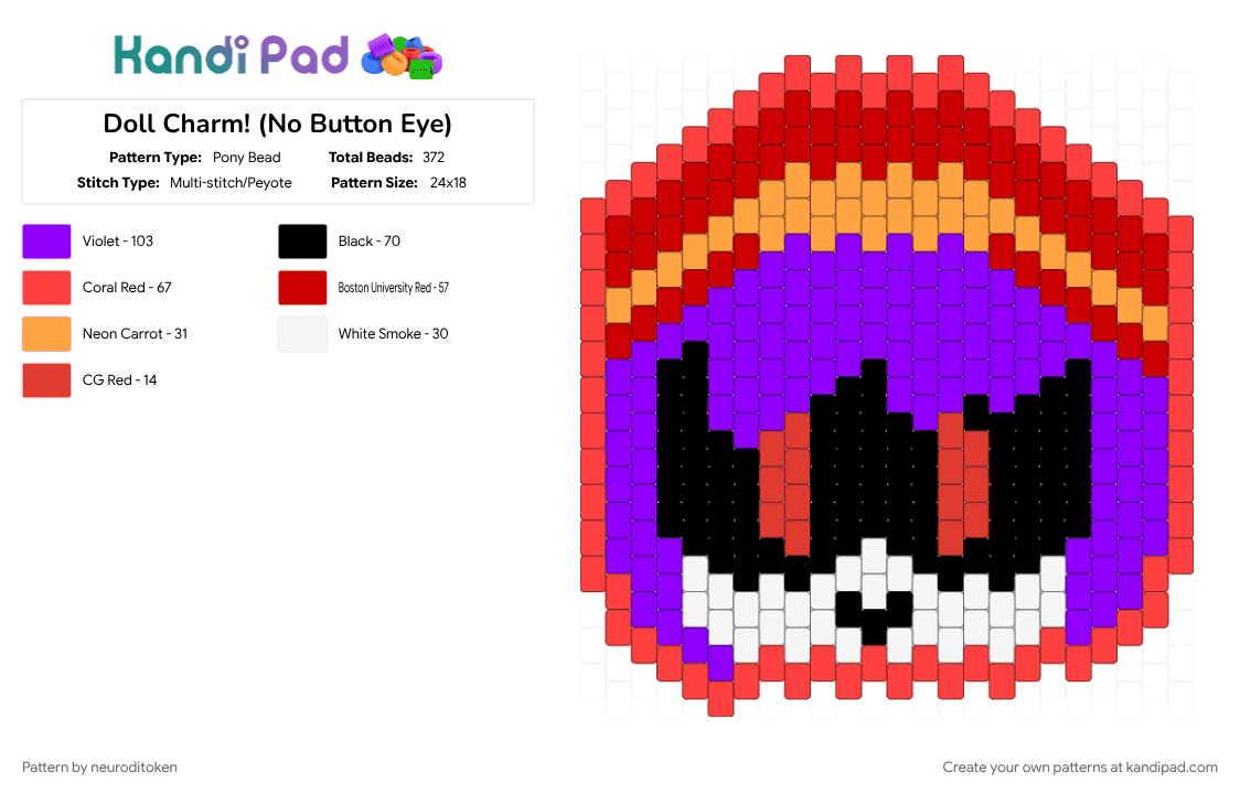 Doll Charm! (No Button Eye) - Pony Bead Pattern by neuroditoken on Kandi Pad - character, charm, doll, murder drones, murder drones doll, pony bead charm, purple, red