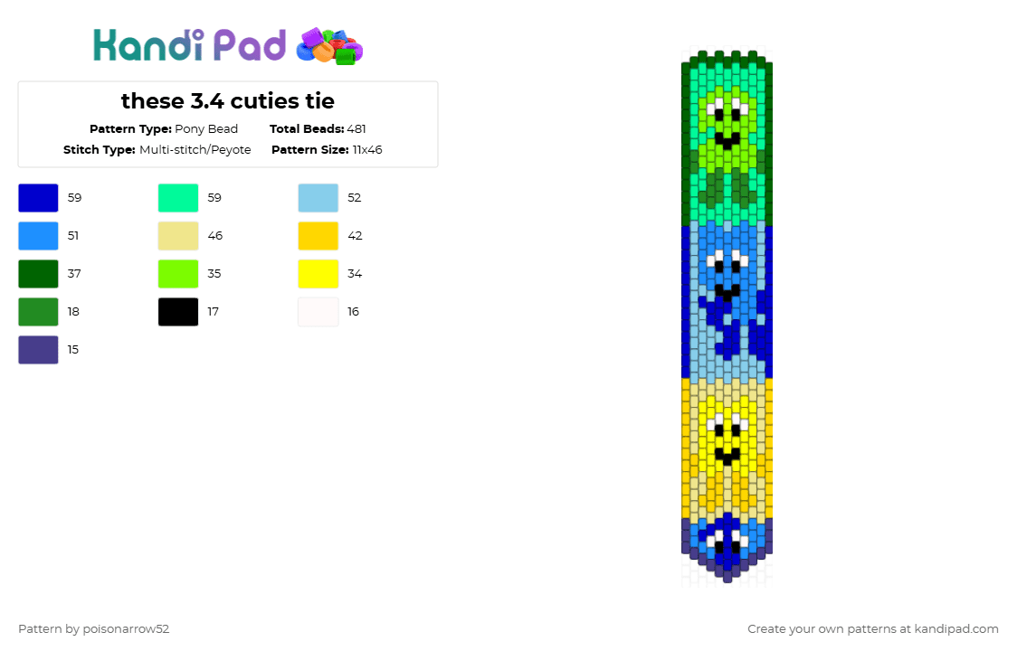 these 3.4 cuties tie - Pony Bead Pattern by poisonarrow52 on Kandi Pad - yellow,green,light blue,two,four,one,x,bfdi,tpot