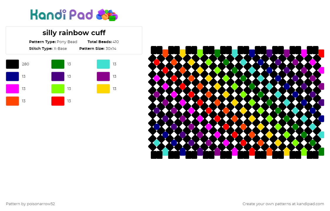silly rainbow cuff - Pony Bead Pattern by poisonarrow52 on Kandi Pad - black,purple,red,colorful,rainbow,lol,silly