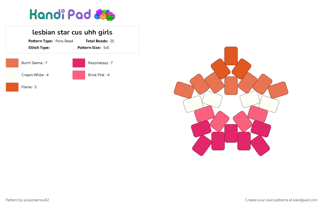 lesbian star cus uhh girls - Pony Bead Pattern by poisonarrow52 on Kandi Pad - boop beep, help i ate shampoo, im an alien, lesbian, lgbtqia, orange, pink, red, the cake was a lie bc i ate it, uhhhh, what do i say here