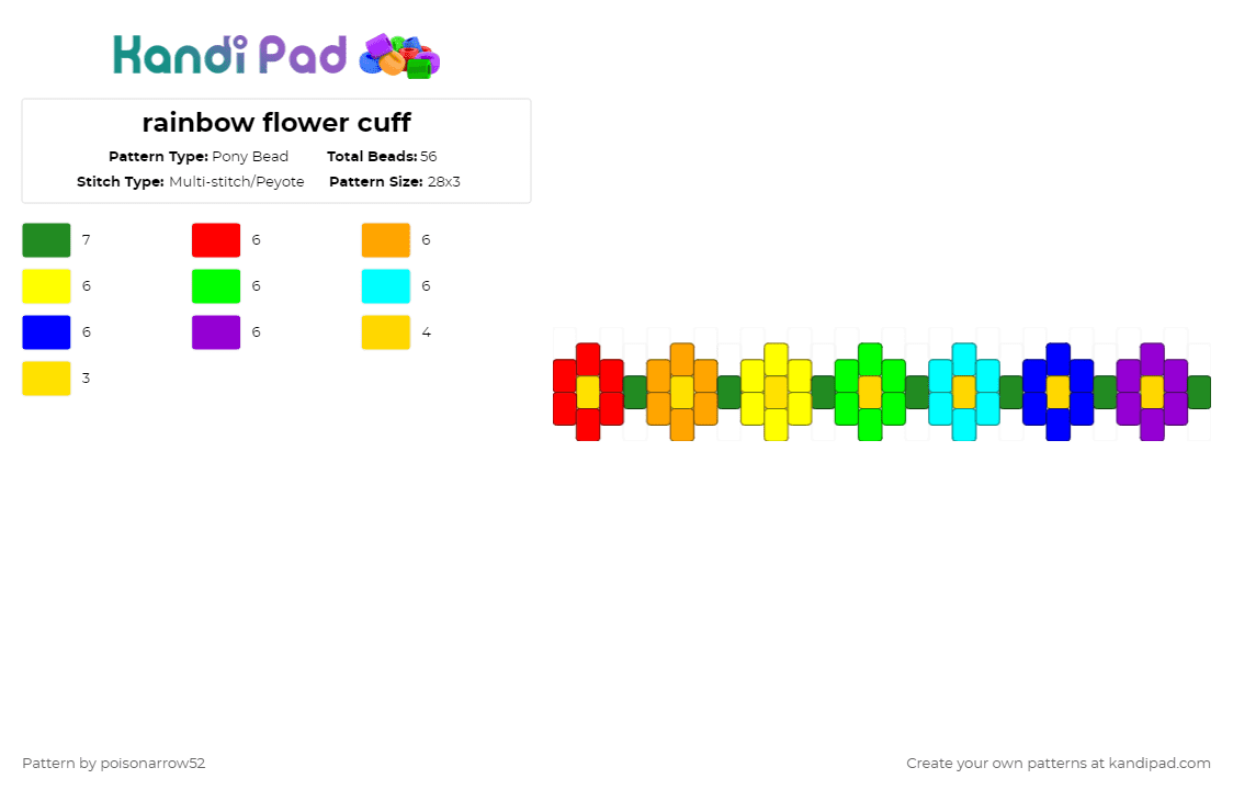 rainbow flower cuff - Pony Bead Pattern by poisonarrow52 on Kandi Pad - yellow,green,purple,rainbow,flower