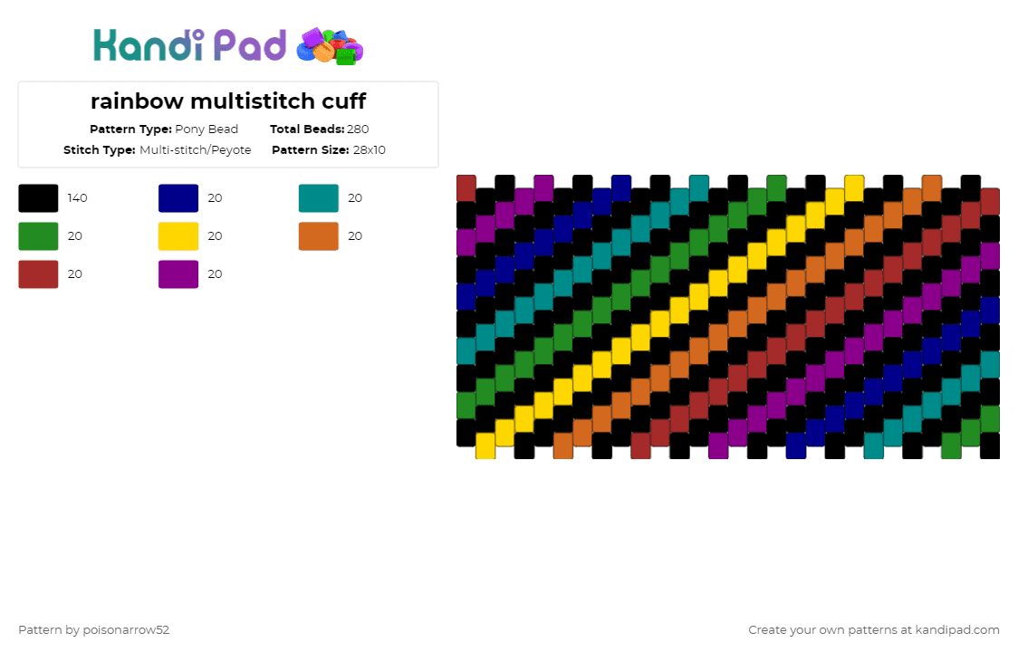 rainbow multistitch cuff - Pony Bead Pattern by poisonarrow52 on Kandi Pad - black,teal,yellow,red,colorful,rainbow
