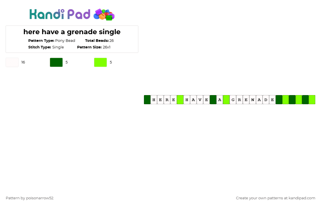 here have a grenade single - Pony Bead Pattern by poisonarrow52 on Kandi Pad - green, lol, roblox, white