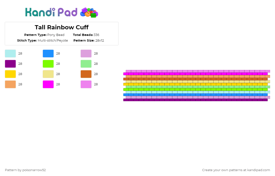 Tall Rainbow Cuff - Pony Bead Pattern by poisonarrow52 on Kandi Pad - light blue,pink,yellow,orange,rainbow