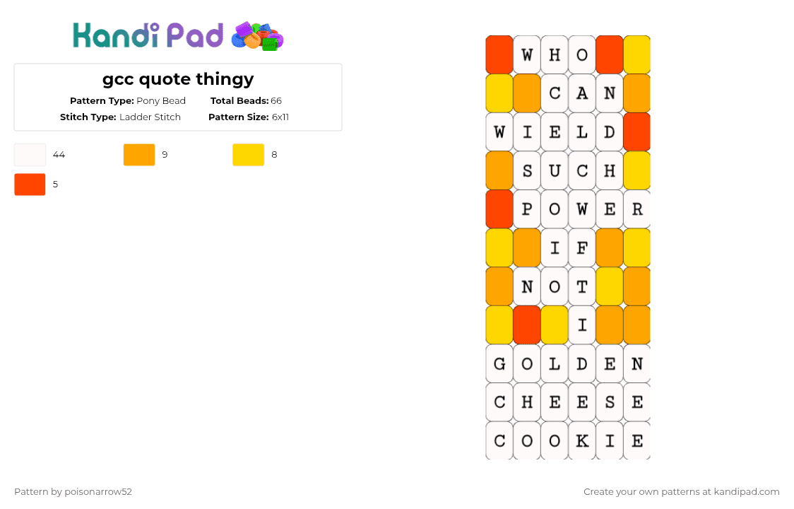 gcc quote thingy - Pony Bead Pattern by poisonarrow52 on Kandi Pad - white,orange,yellow,gcc,golden cheese cookie,crk,cookie run