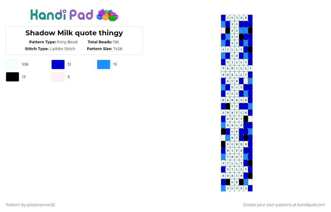 Shadow Milk quote thingy - Pony Bead Pattern by poisonarrow52 on Kandi Pad - white,purple,light blue,smc,crk,cookie run,shadow milk cookie