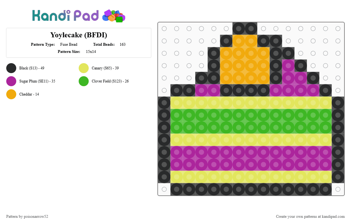 Yoylecake (BFDI) - Fuse Bead Pattern by poisonarrow52 on Kandi Pad - pink,yellow,bfdi,battle for dream island,cake,yoylecake