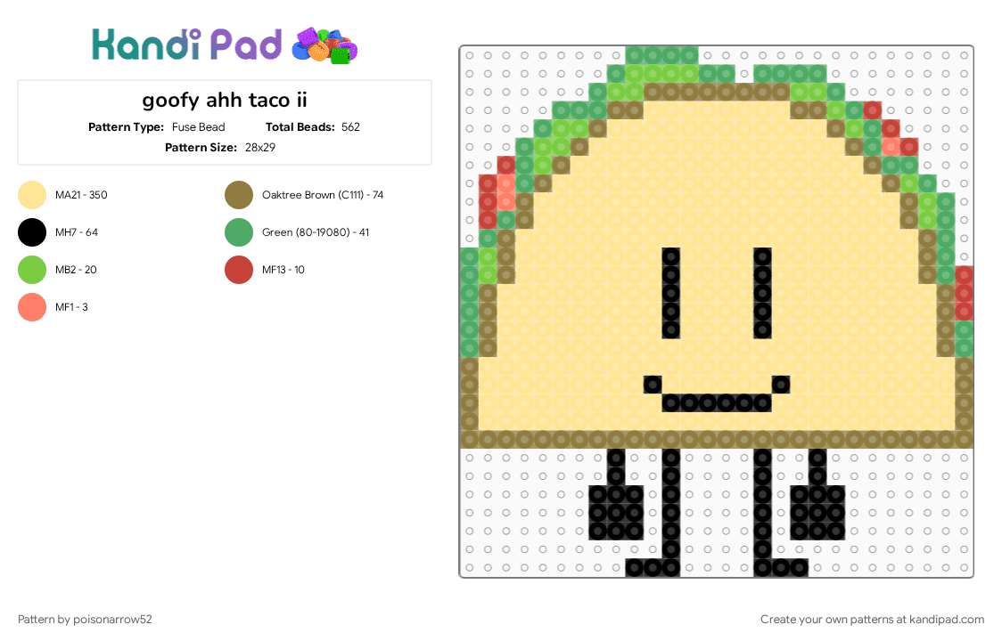 goofy ahh taco ii - Fuse Bead Pattern by poisonarrow52 on Kandi Pad - character, idk waht to put frfr, ii4, inanimate insanity, object show, osc, taco ii, uhh, yellow