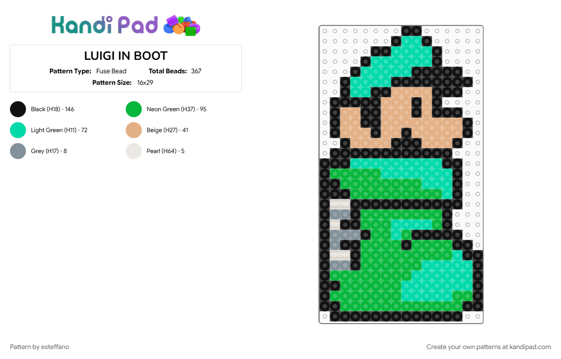 LUIGI IN BOOT - Fuse Bead Pattern by esteffano on Kandi Pad - green, teal