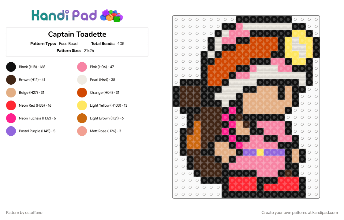 Captain Toadette - Fuse Bead Pattern by esteffano on Kandi Pad - black, brown, colorful, pink, red