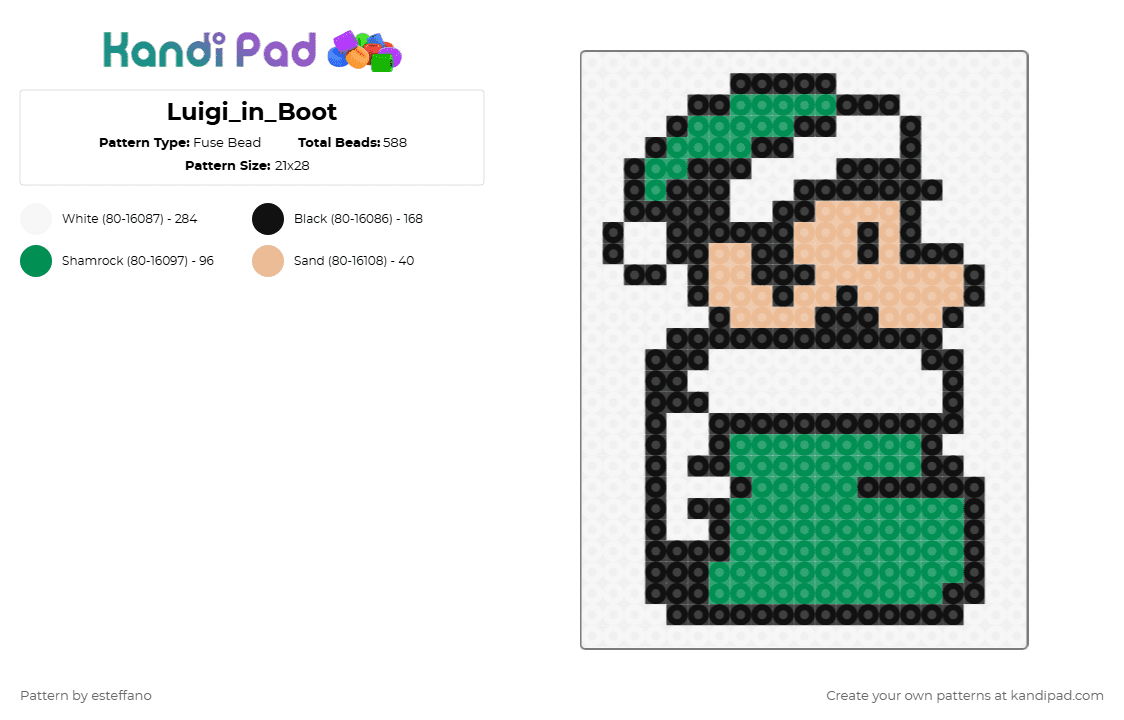 Luigi_in_Boot - Fuse Bead Pattern by esteffano on Kandi Pad - white,green,beige