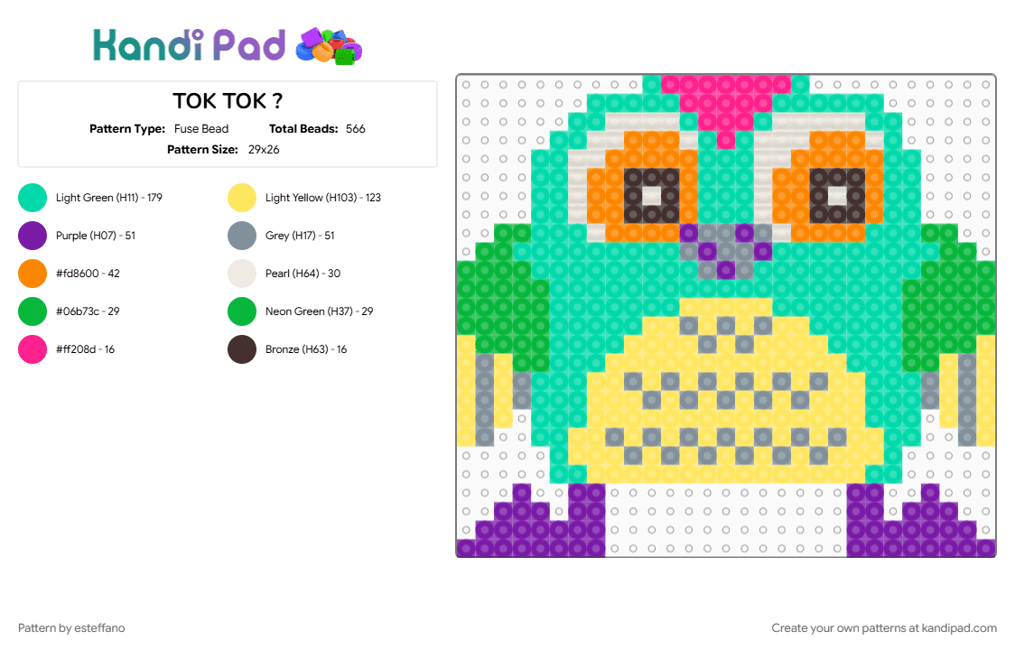 TOK TOK ? - Fuse Bead Pattern by esteffano on Kandi Pad - teal, yellow
