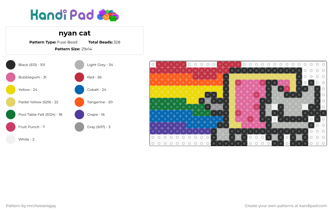 nyan cat - Fuse Bead Pattern by mrcheeseisgay on Kandi Pad - yellow,beige,blue,colorful